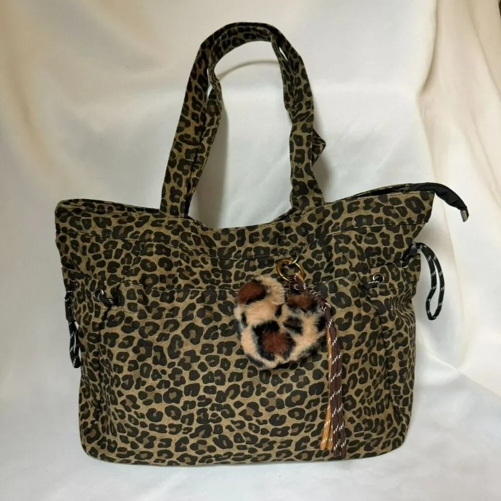 Large Leopard Print Tote Bag w/ Plush Keychain Pendant